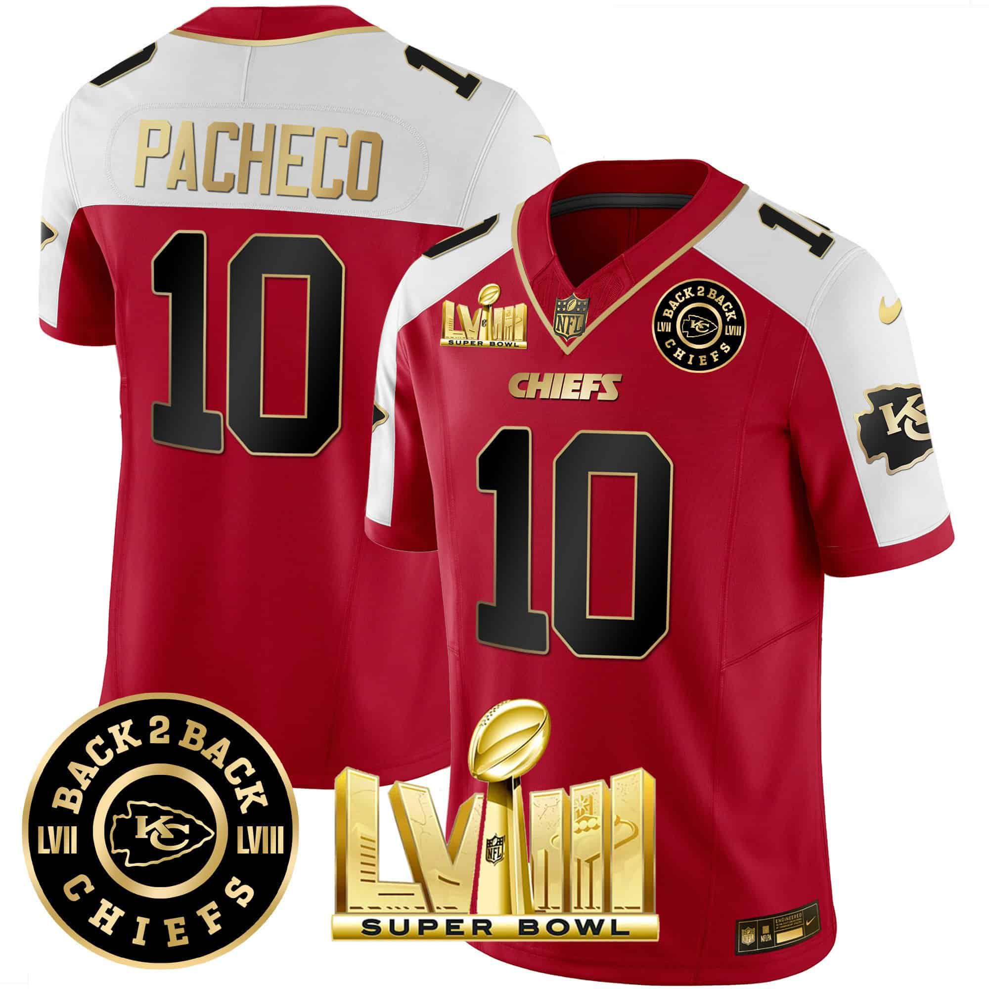 Men Kansas City Chiefs 10 Pacheco Red 2024 Nike Super Bowl LVIII & Back 2 Back Patch Vapor NFL Jersey